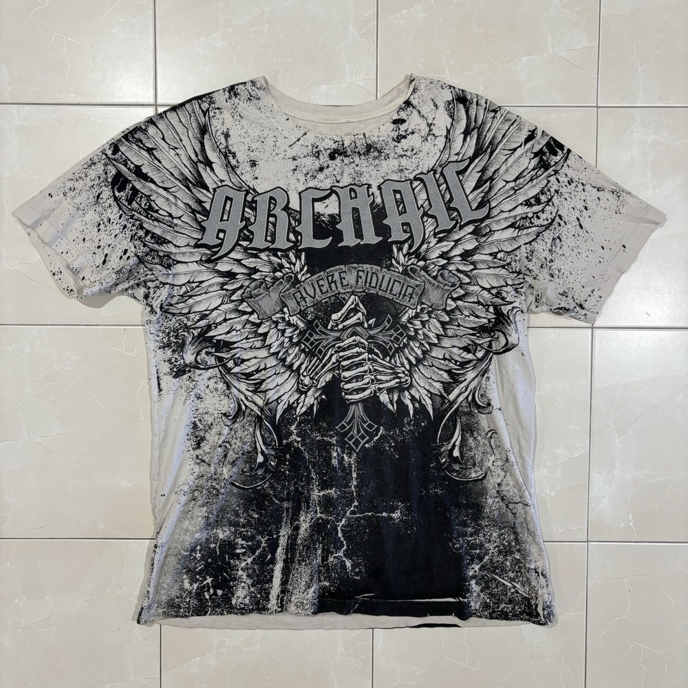 Vintage Archaic Affliction T Shirt All Over Print White Tee Men's XL Skull Y2K